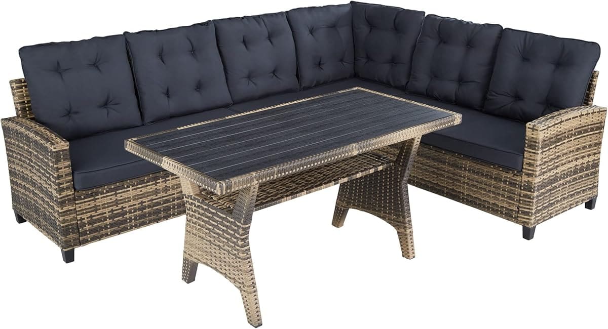 El conjunto de muebles de exterior de ratán con sofá esquinero y mesa de Amazon