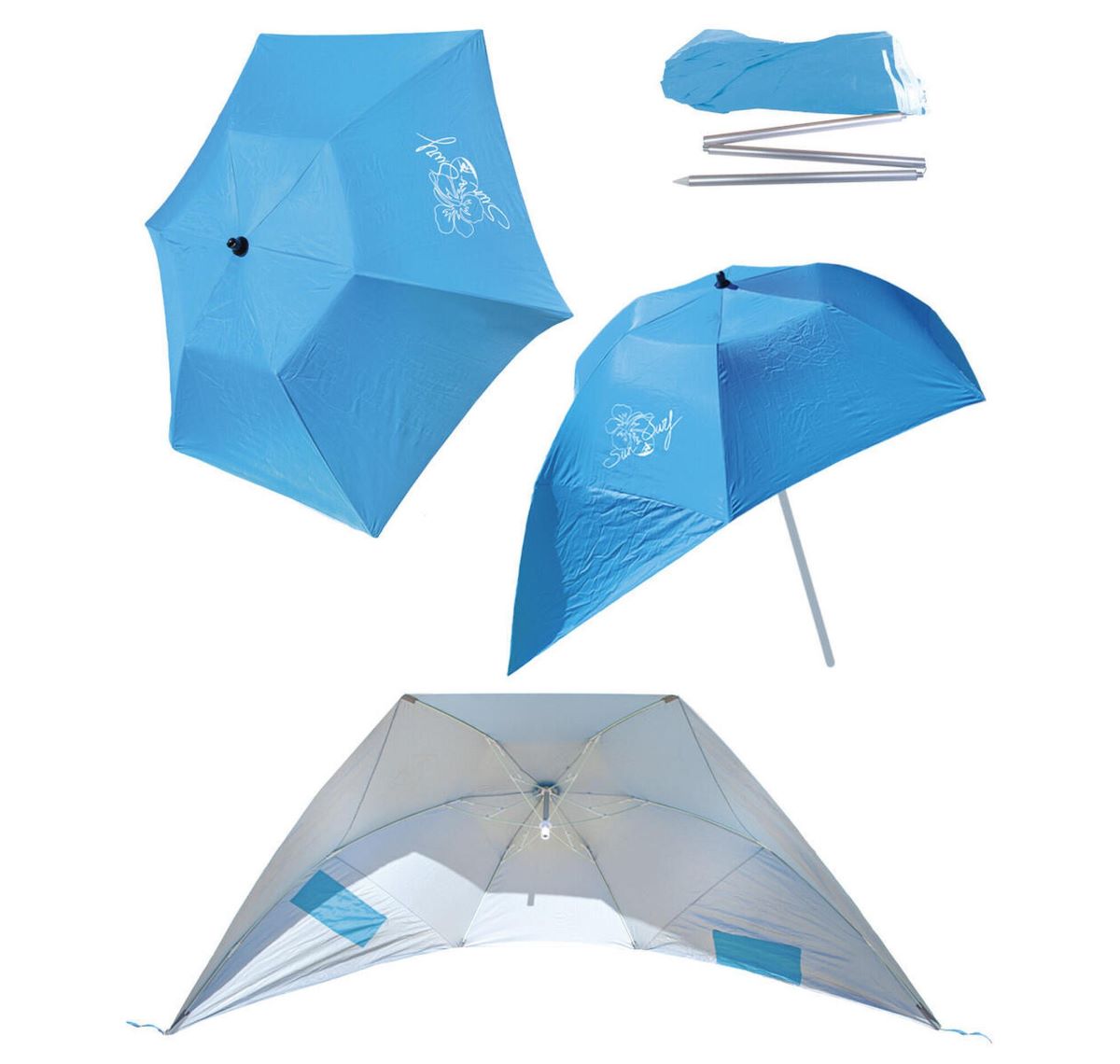 Sombrilla de playa con triple forma Sun&Surf de Decathlon