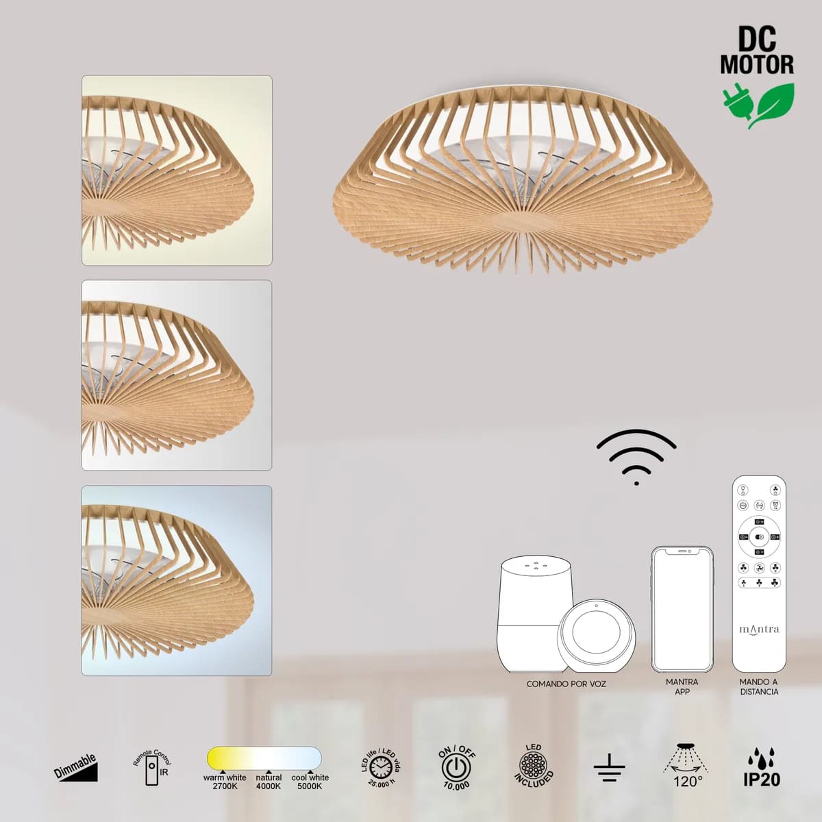 El ventilador de techo con luz y motor DC Himalaya de madera marrón de Leroy Merlin