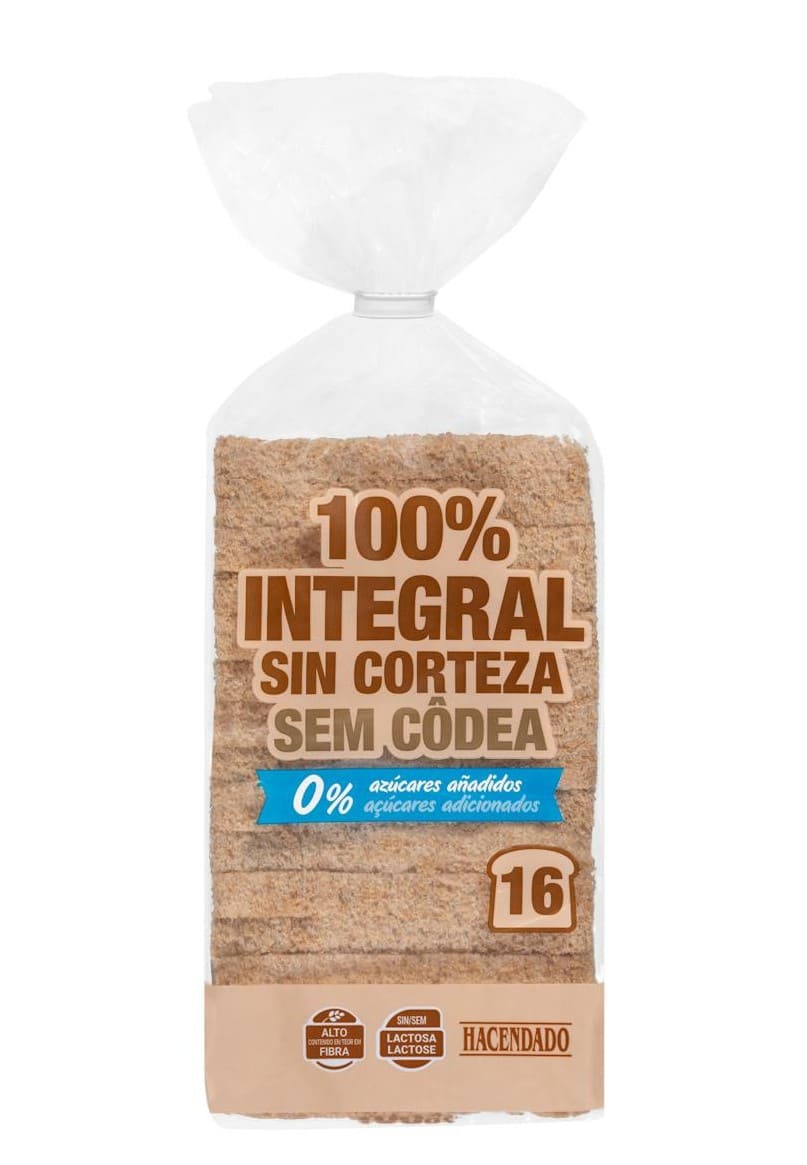 Pan de molde integral sin corteza Hacendado 0 azúcares añadidos