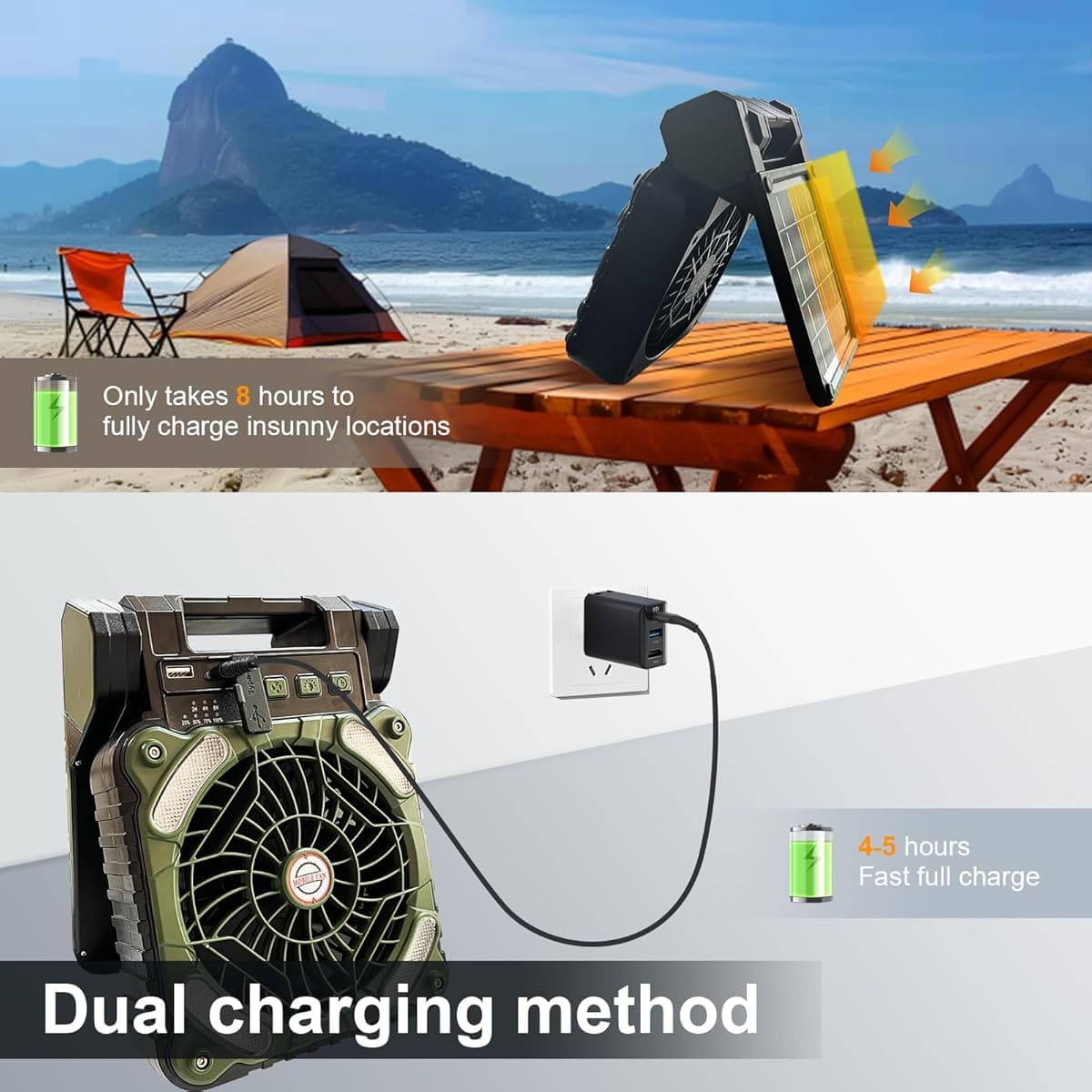 El ventilador portátil de camping solar con cuatro velocidades GY de Amazon