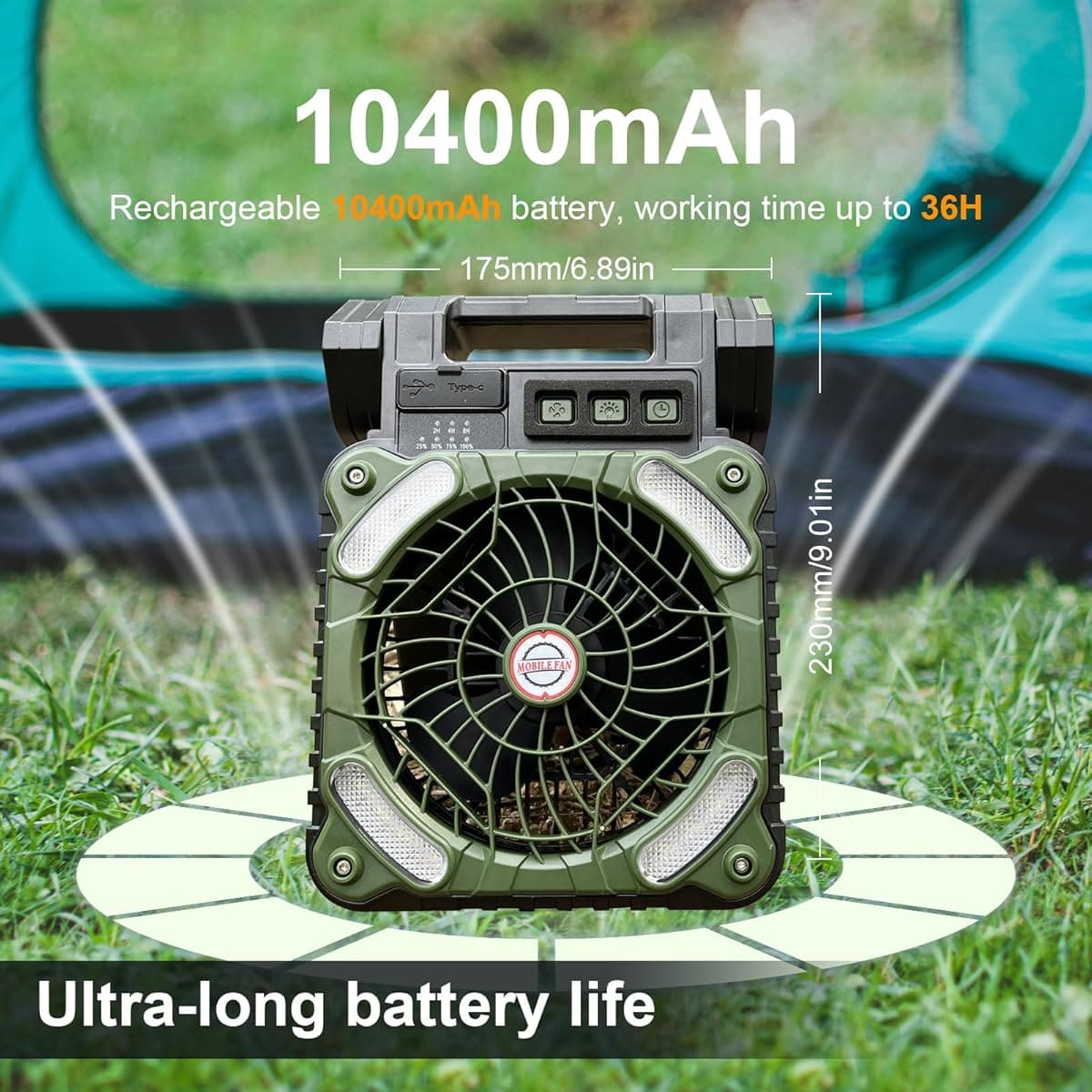 El ventilador portátil de camping solar con cuatro velocidades GY de Amazon