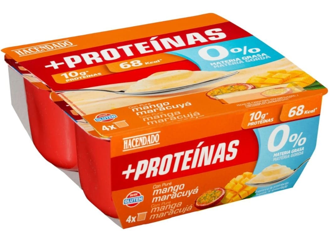 Postre lácteo con puré de mango y maracuya +Proteínas Hacendado