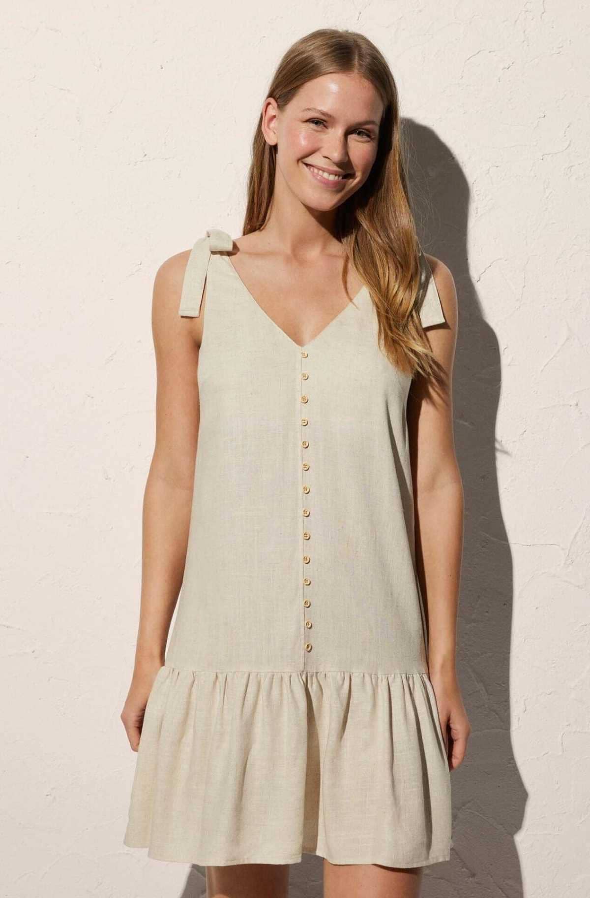 YSABEL MORA Vestido de playa corto con lino de tirantes detalle botones de Decathlon