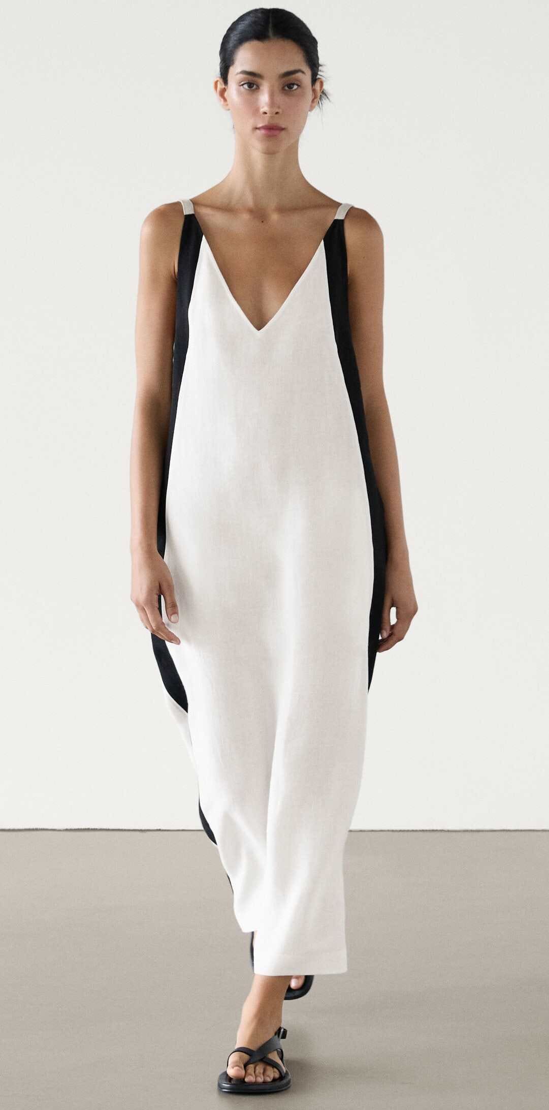 Vestido largo 100 lino vivos contraste de Massimo Dutti