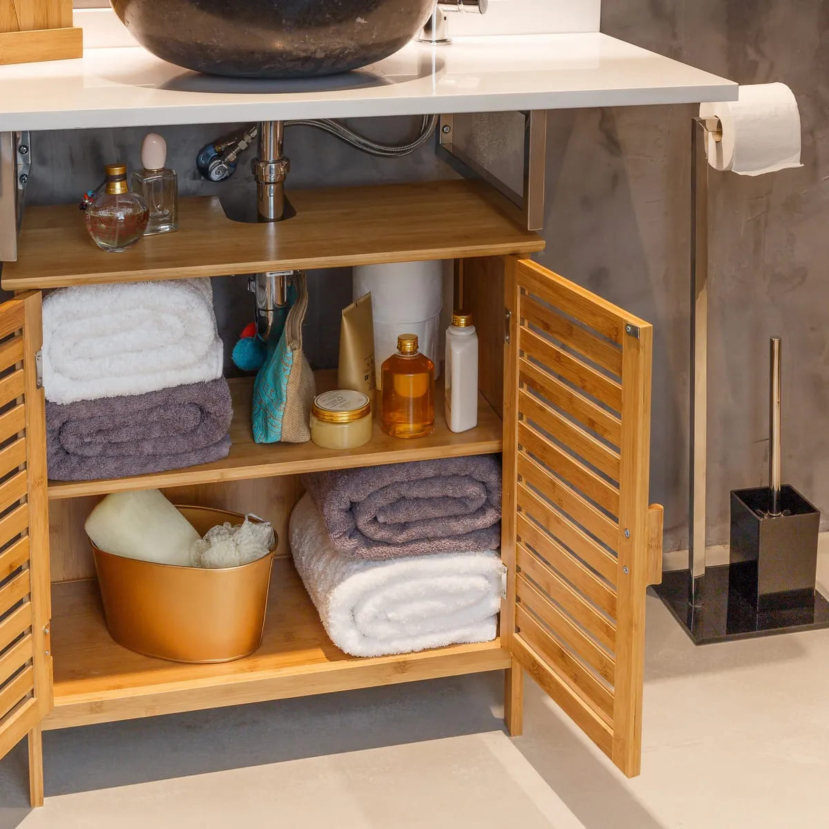 El mueble bajo lavabo con armario de bambú marrón de Leroy Merlin