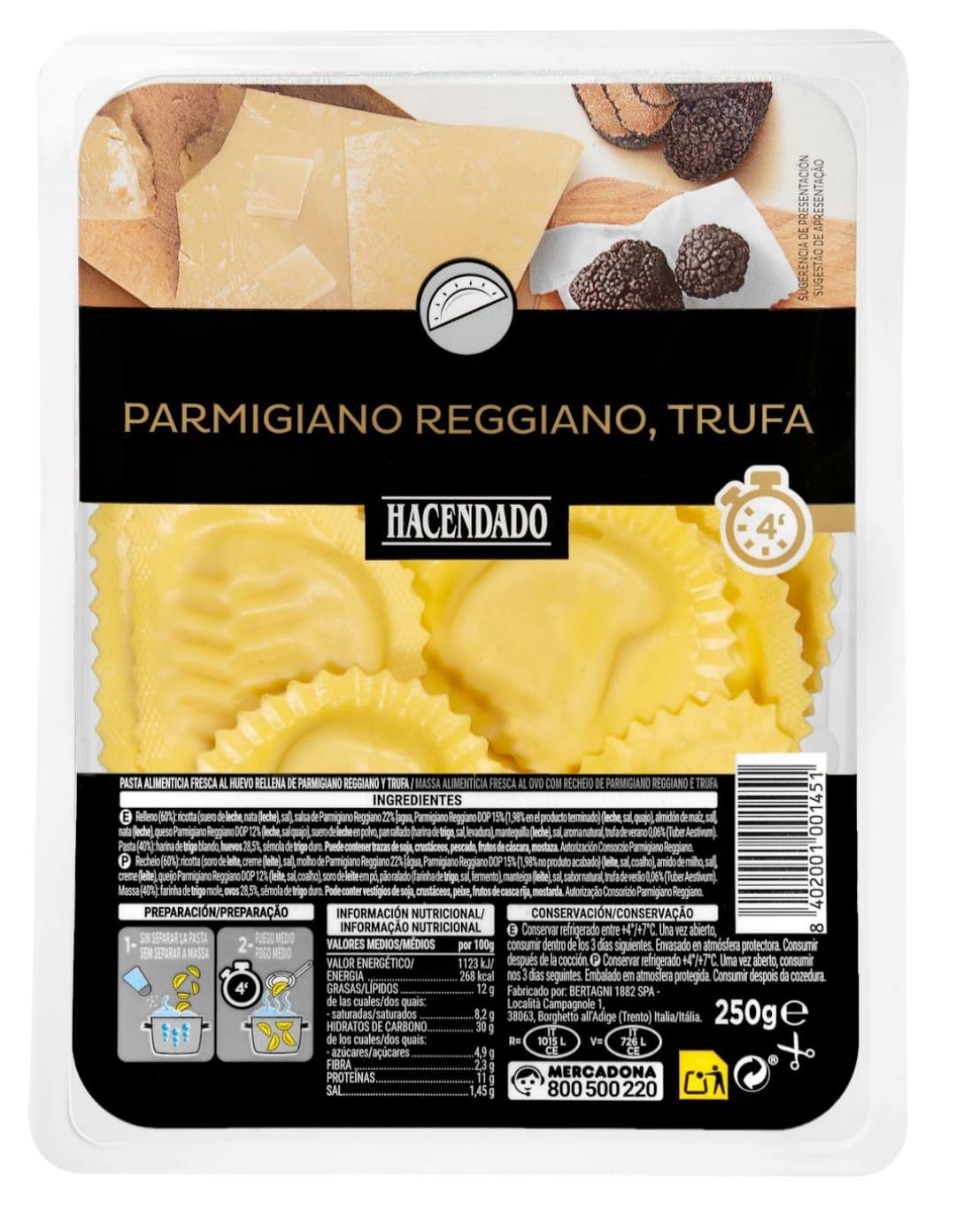 Pasta fresca medialunas Parmigiano Reggiano y trufa Hacendado