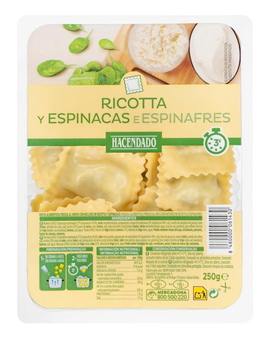 Pasta fresca ravioli, ricotta y espinacas Hacendado