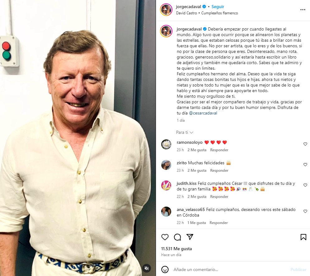 La felicitación de Jorge Cadaval a su hermano César en Instagram