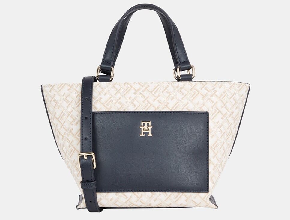 Bolso estilo mini tote de mujer en color azul marino y estampado del logotipo de Tommy Hilfiger