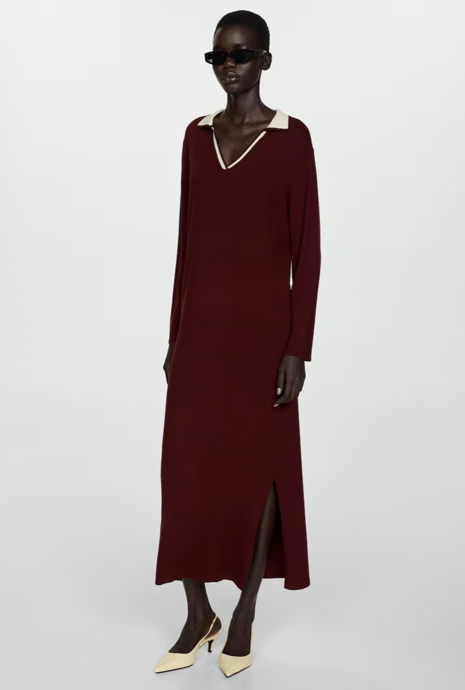 Vestido punto cuello en contraste de Mango