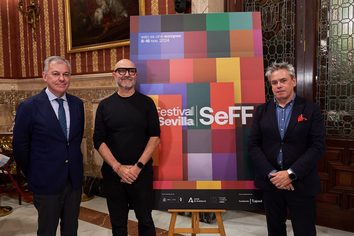 José Luis Sanz, Pedro Cabañas y Manuel Cristóbal presentan el Cartel del Festival de Cine Europeo de Sevilla | Salvador López Medina para El MIRA