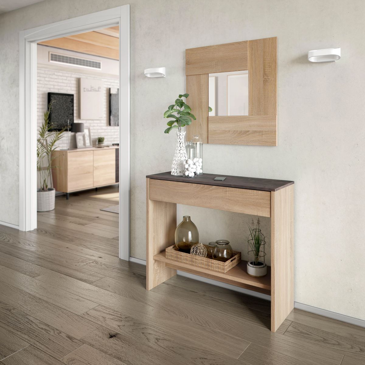 Mueble recibidor con espejo y madera de roble Hera de Leroy Merlin