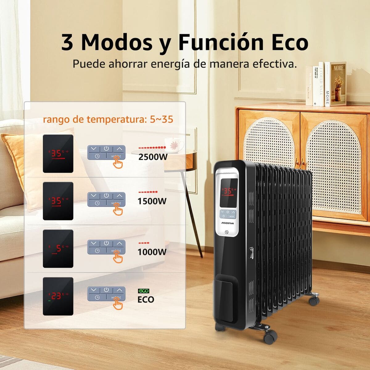 El radiador de aceite con 2500 W y pantalla de control LED de Carrefour