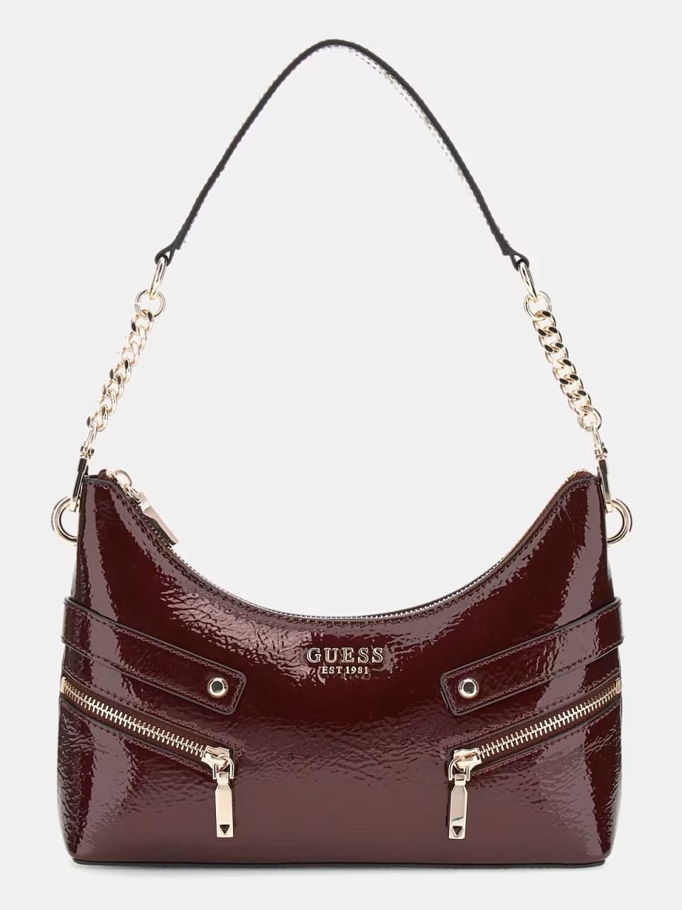 El nuevo bolso de hombro Trissa de charol en color burdeos de Guess