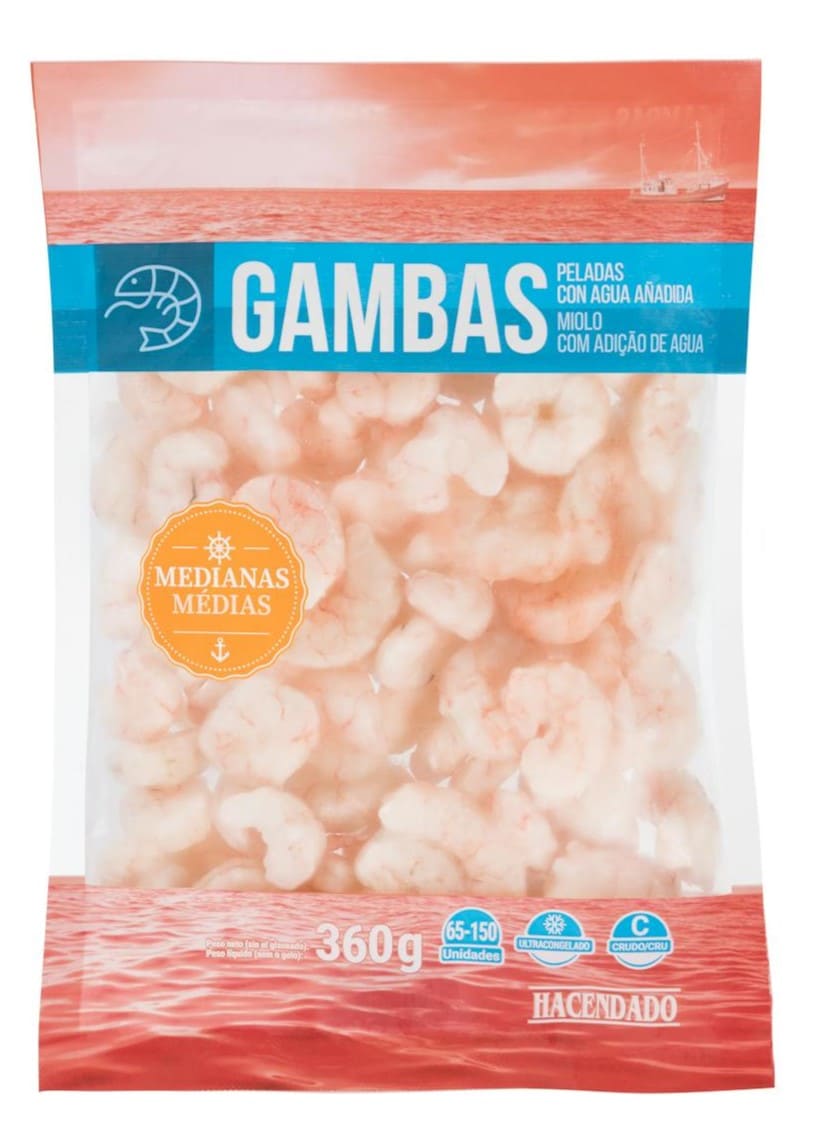 Gambas peladas y crudas de tamaño mediano