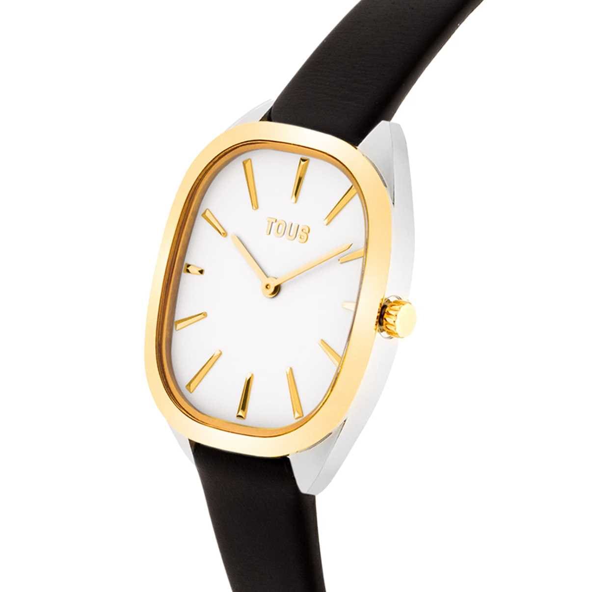 Reloj analógico de acero IPG dorado con correa de piel negra Heritage de TOUS