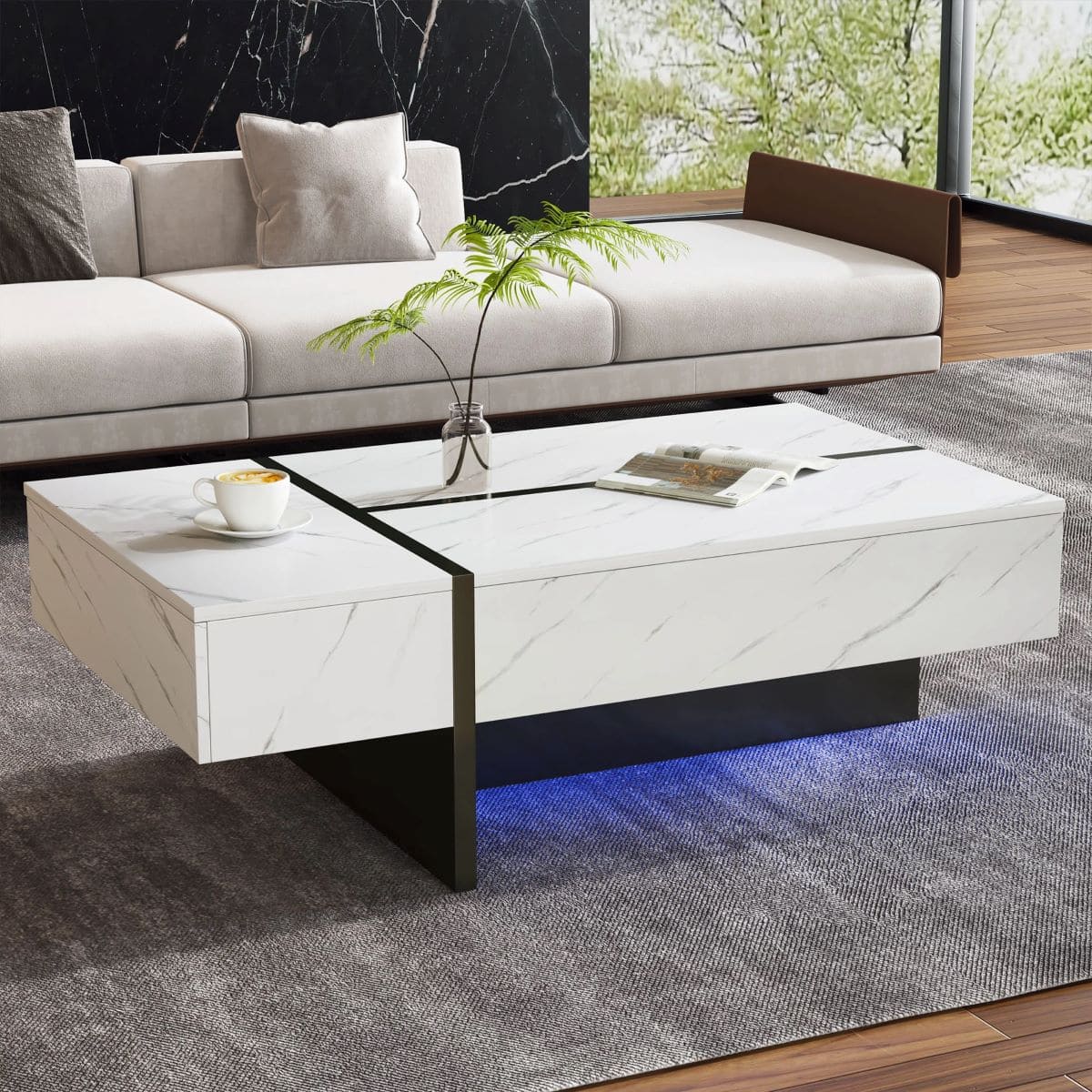 Mesa de centro con luz LED, cajones y efecto 'mármol' Muebles Chic de Leroy Merlin