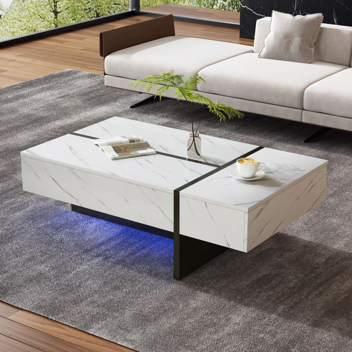 Mesa de centro con luz LED, cajones y efecto 'mármol' Muebles Chic de Leroy Merlin