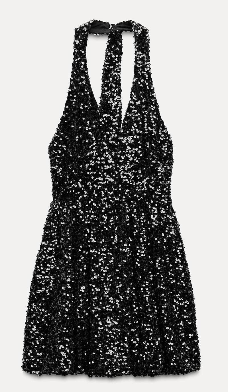 El vestido globo con lentejuelas en color negro y plata de Zara
