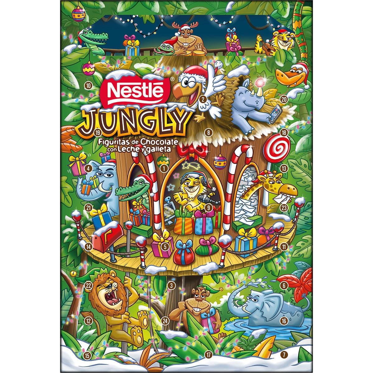 Calendario de Adviento de figuritas de chocolate con leche y galleta NESTLE JUNGLY