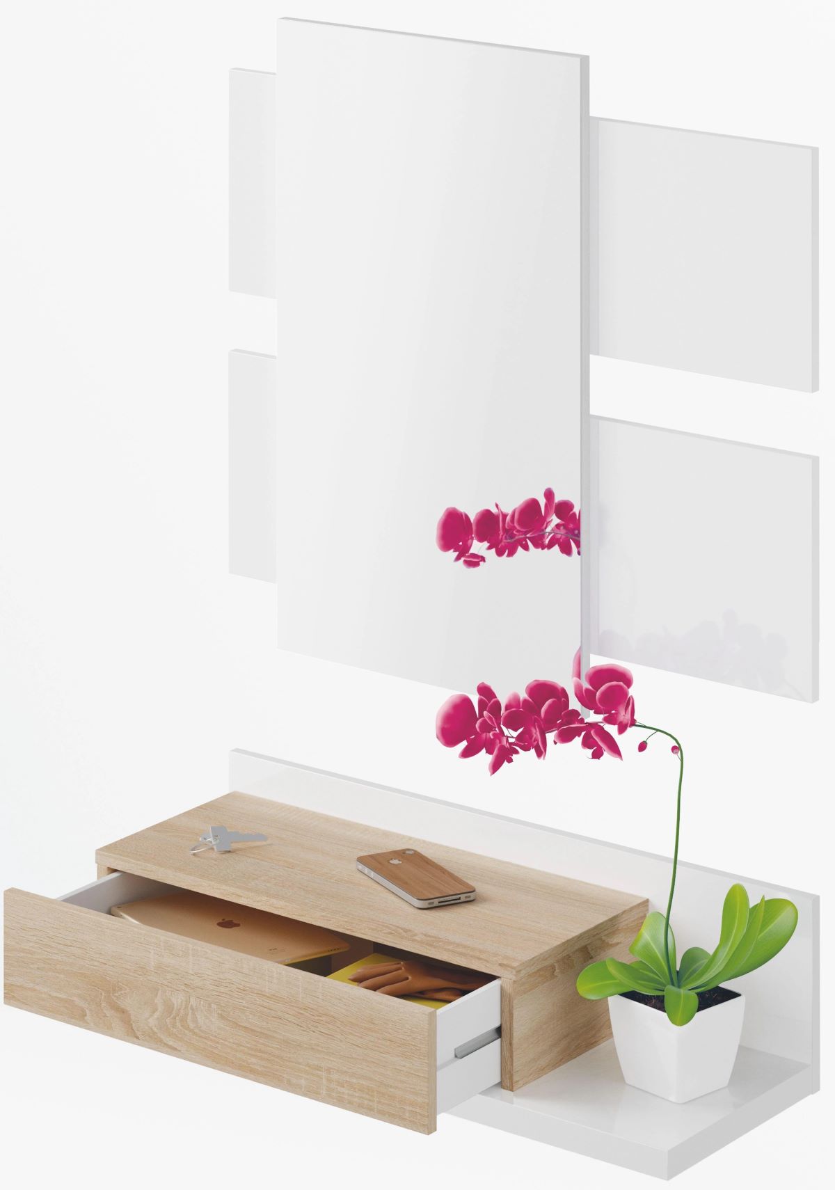 Mueble recibidor Tekka con espejo blanco y roble de Leroy Merlin