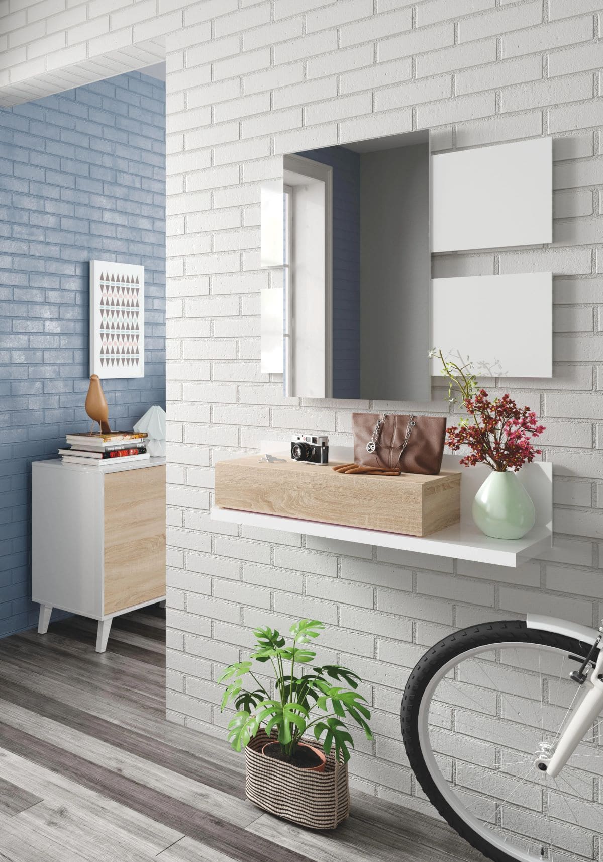 Mueble recibidor Tekka con espejo blanco y roble de Leroy Merlin