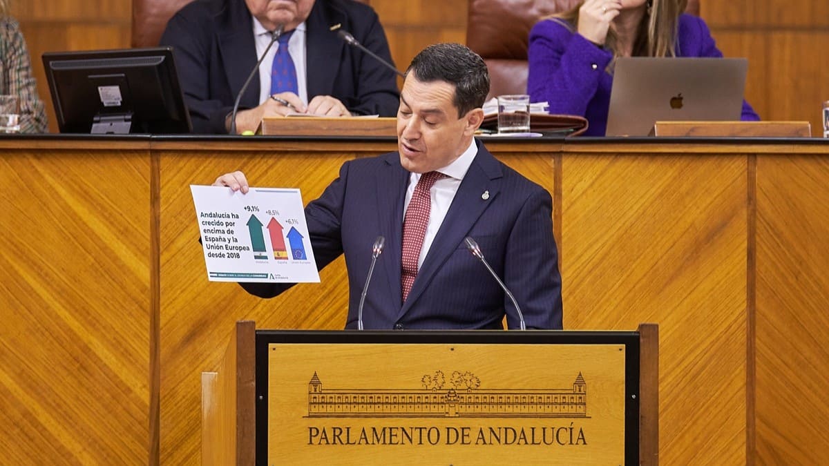 El presidente de la Junta de Andalucía, Juanma Moreno, durante su intervención | Salvador López Medina