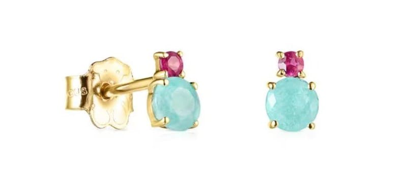 Pendientes Mini Ivette de oro amarillo con amazonita y rubí