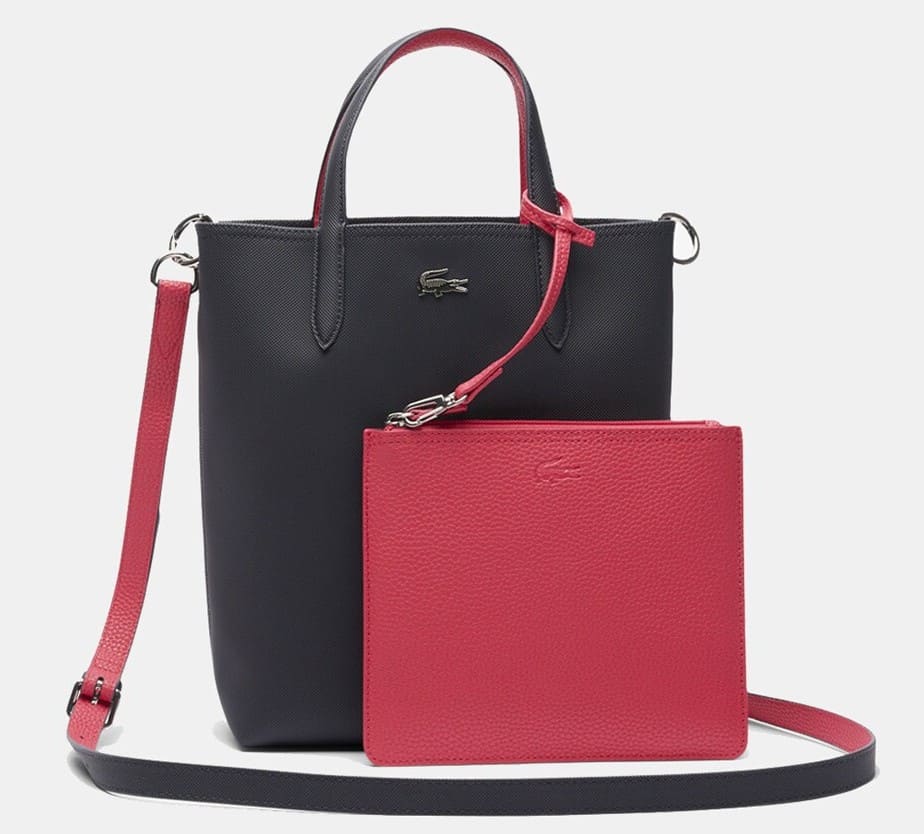 Lacoste Tote reversible en burdeos y topo con logotipo plateado