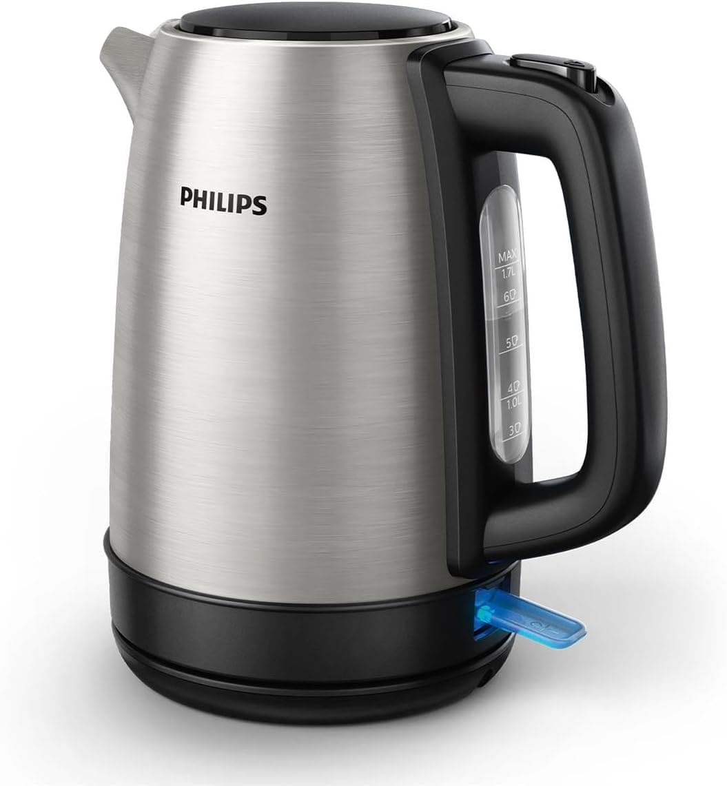 El hervidor de agua con 1,7 litros y tapa con resorte de Philips en Amazon