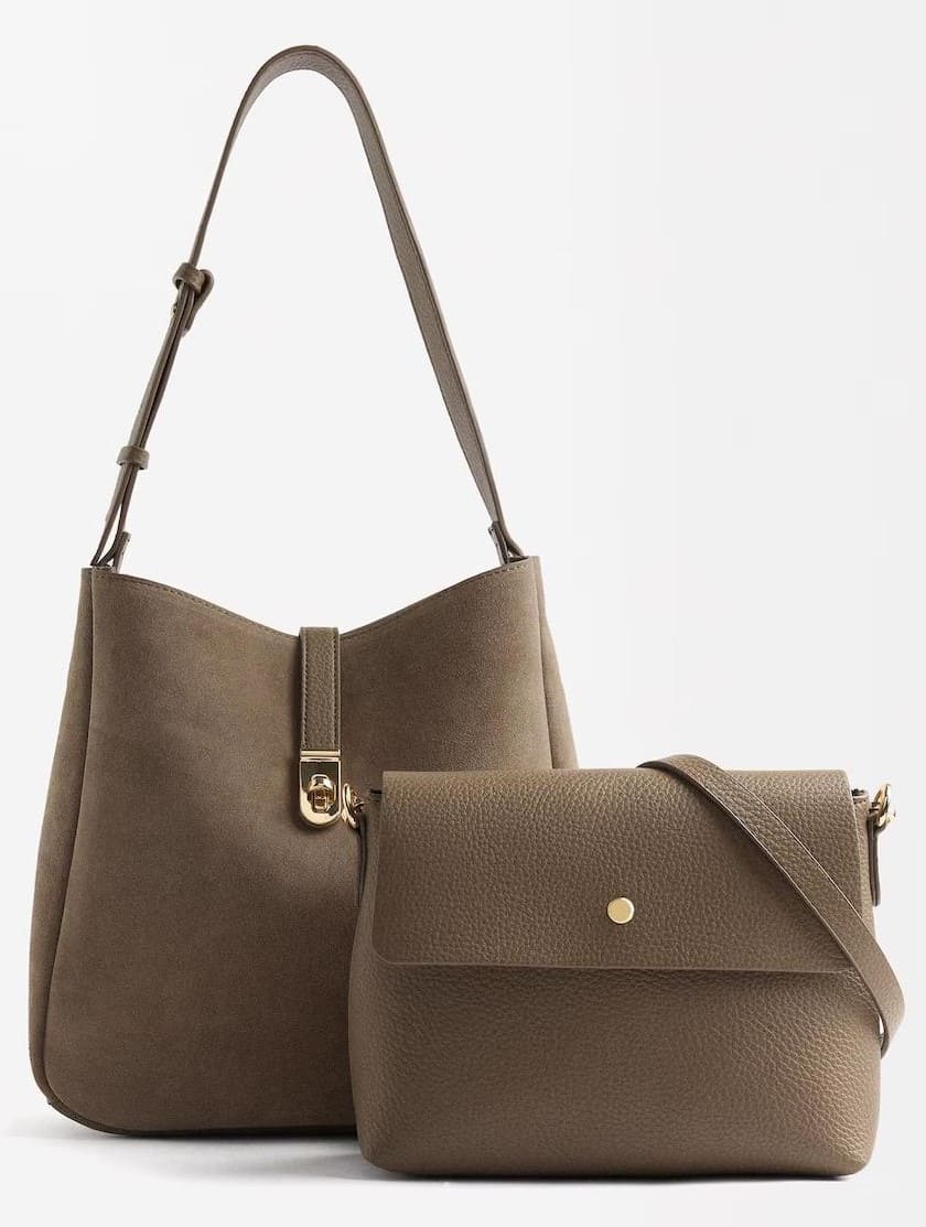 Bolso de hombro de piel con neceser extraíble y cierre de botón en liso