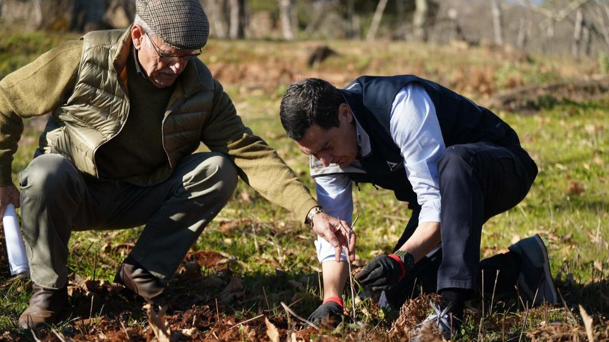 Juanma Moreno en su visita al Parque Natural Sierra de Aracena y picos de Aroche en Castaño del Robledo