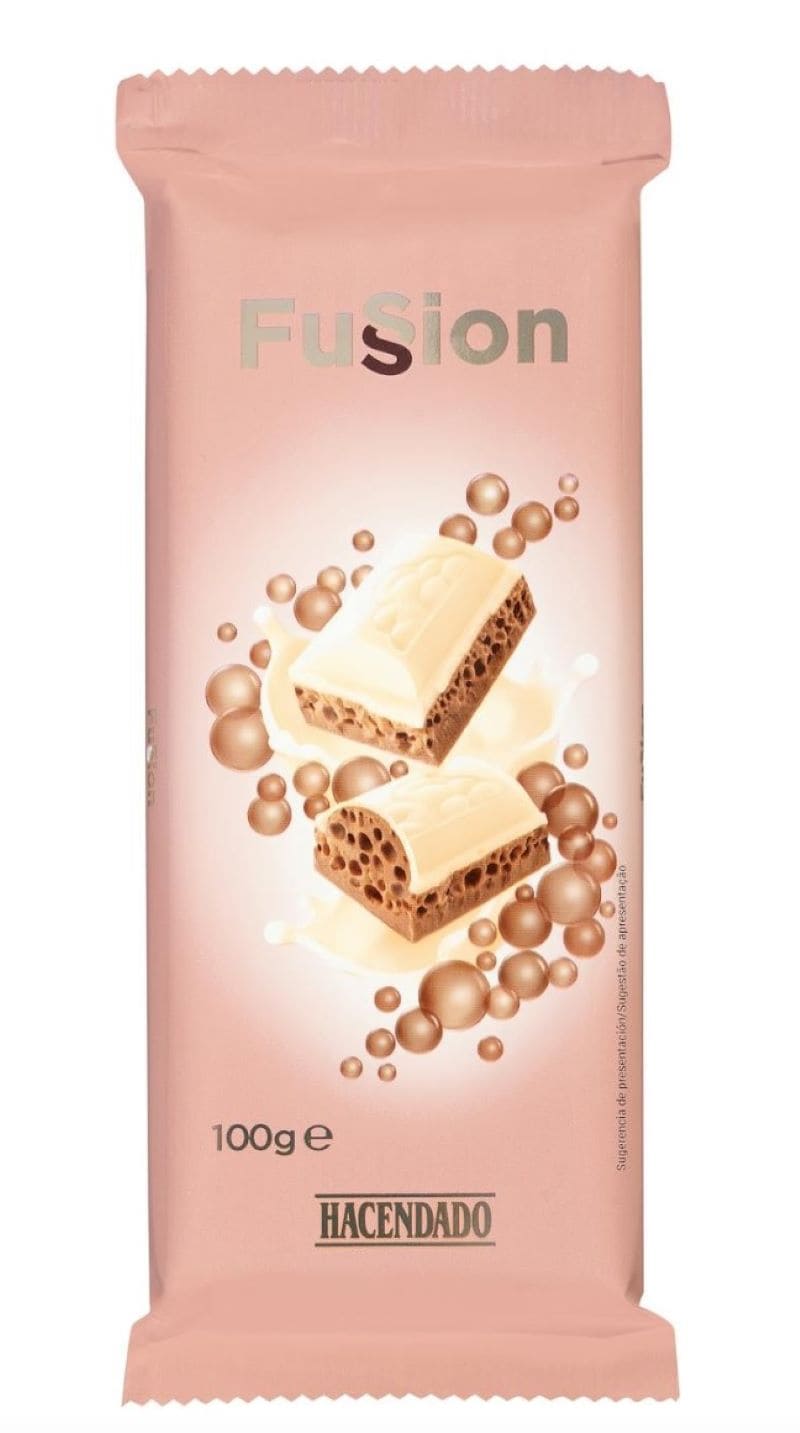 Chocolate blanco Fussion Hacendado relleno con chocolate con leche aireado