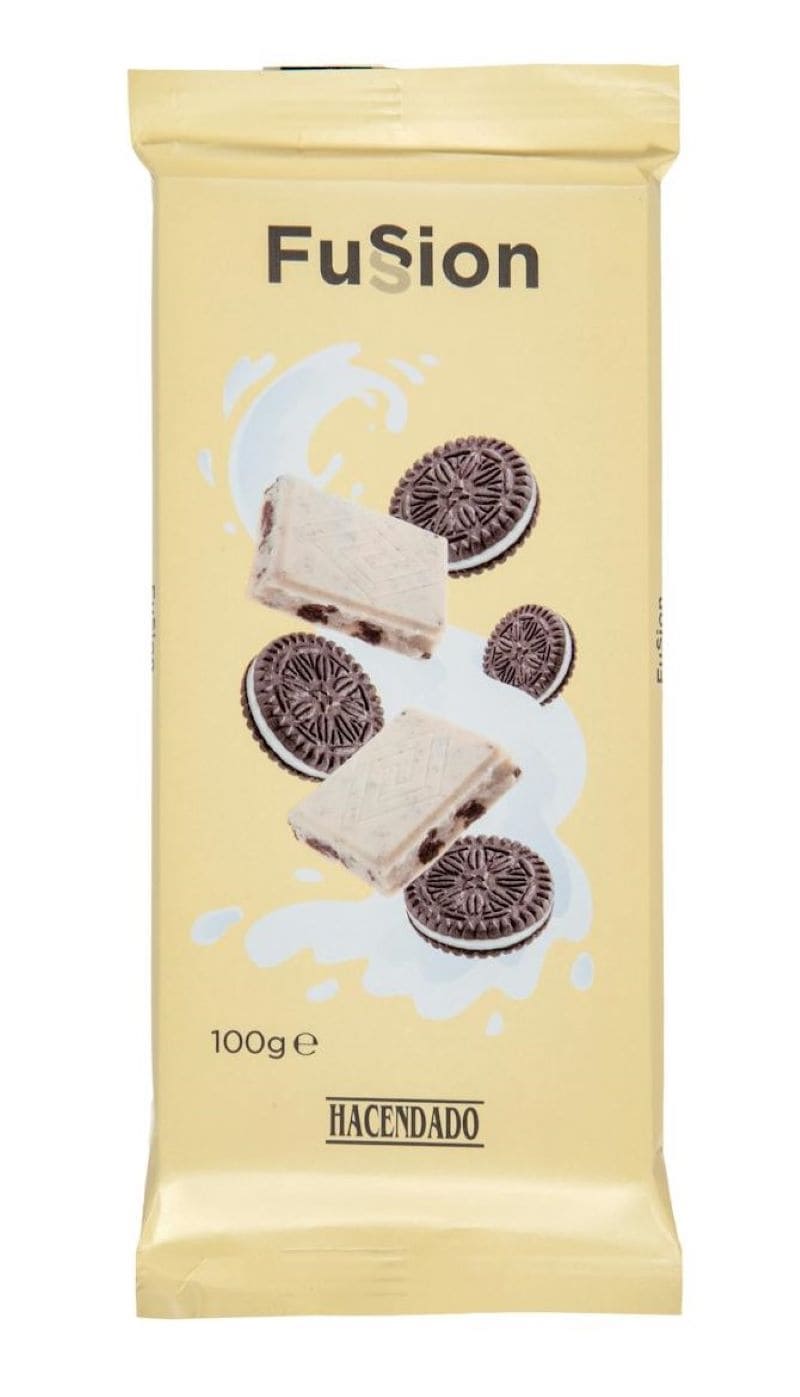 Chocolate blanco Fussion Hacendado galletas al cacao