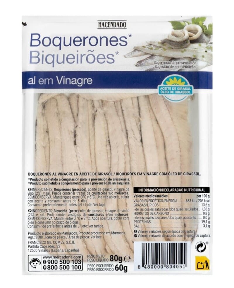 Boquerones en vinagre Hacendado en aceite de girasol