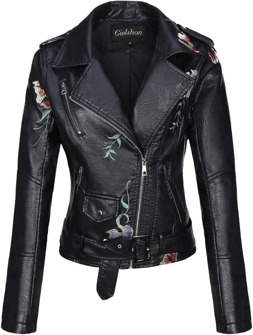 La chaqueta motera de cuero sintético para mujer Giolshon en Amazon
