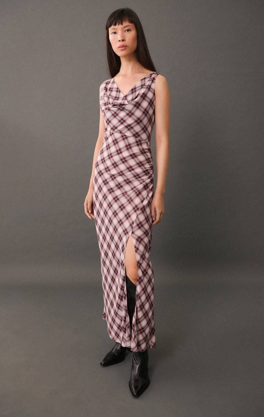 Vestido midi estampado cuadros con abertura de Mango