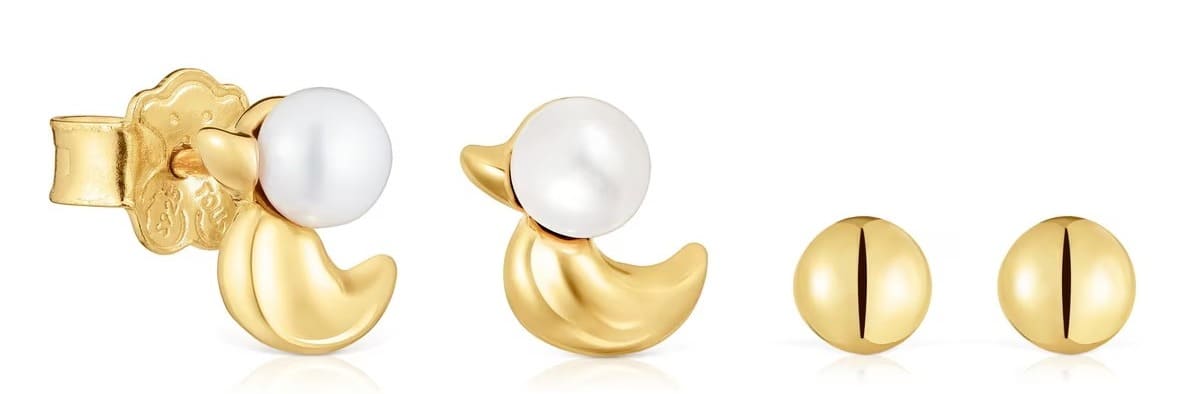 El nuevo pack de pendientes con baño de oro 18 kt sobre plata motivo pato y perlas Virtual Garden de Tous