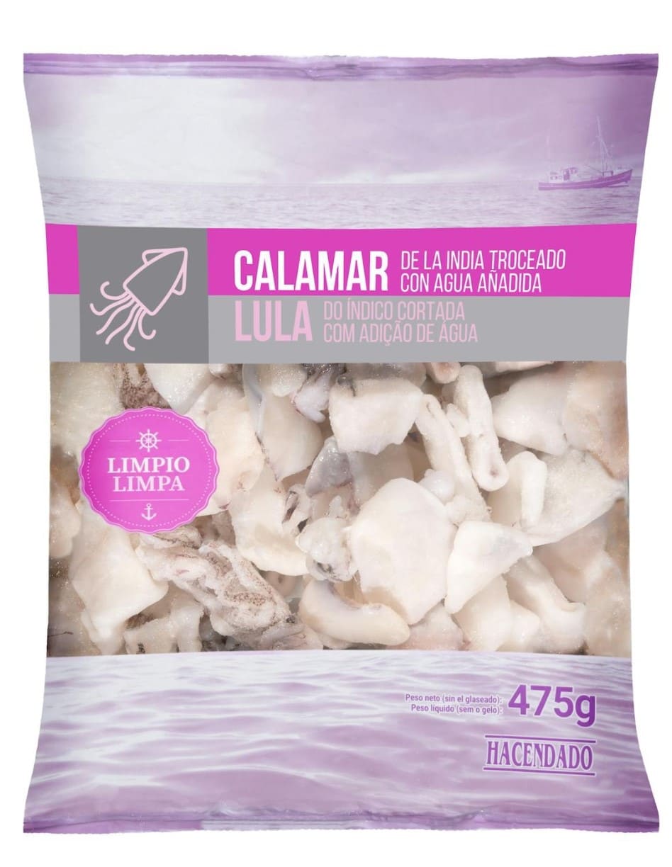 Calamar congelado, troceado y limpio Hacendado