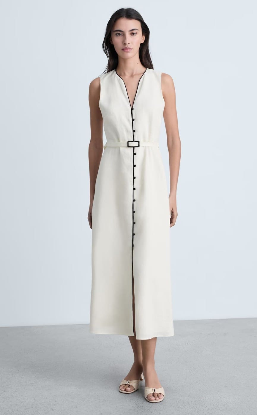 Vestido lino ribetes contraste de Mango