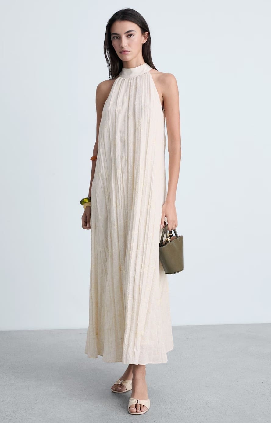 Vestido mezcla lino bordado de Mango