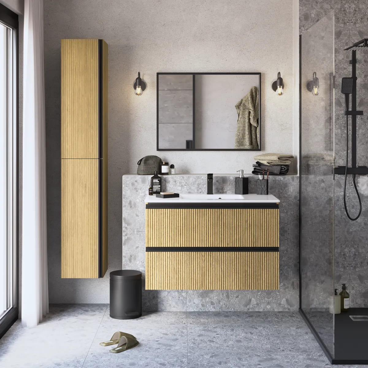 El mueble de baño New Studio roble claro de Leroy Merlin