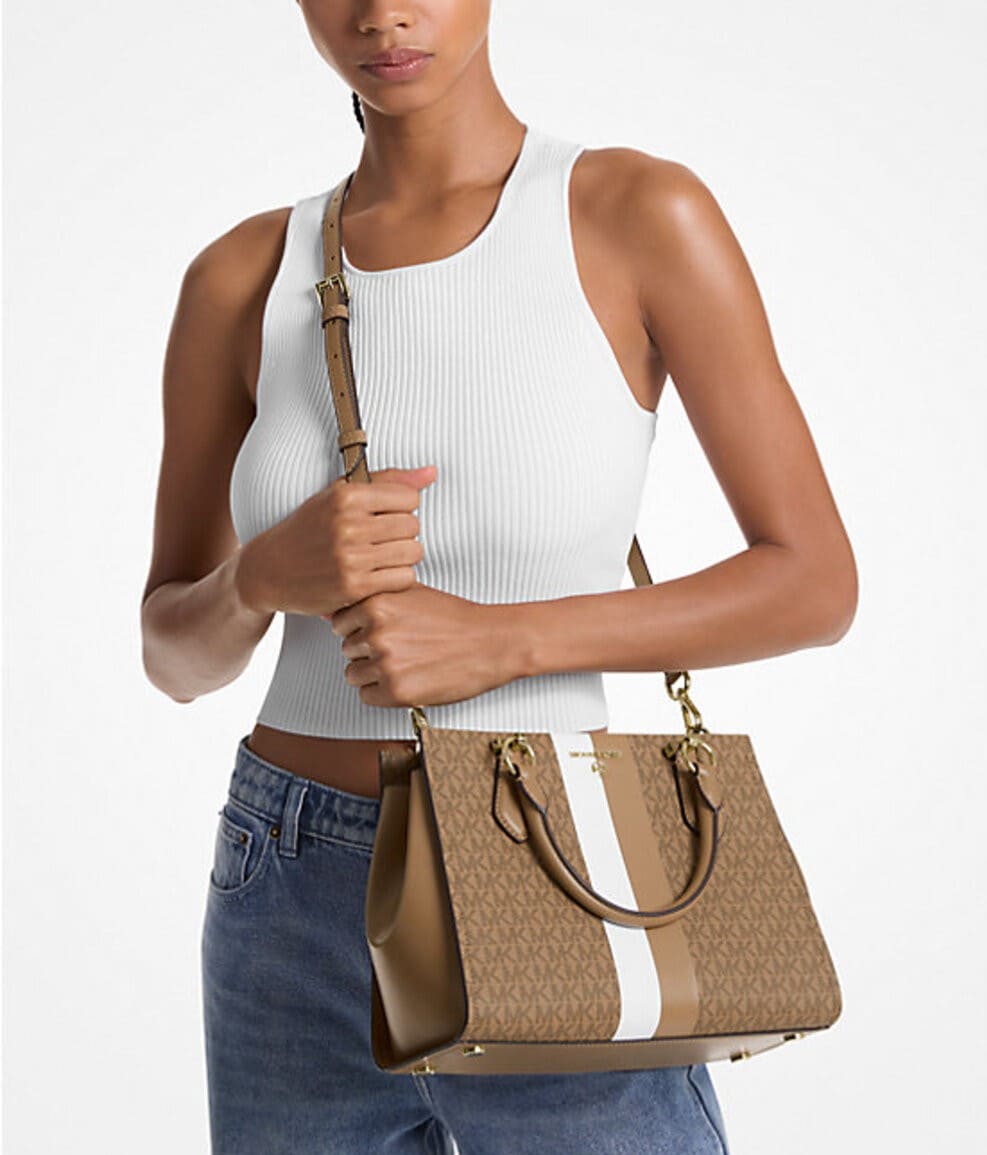 Bolso satchel Marilyn mediano a rayas con logotipo de Michael Kors