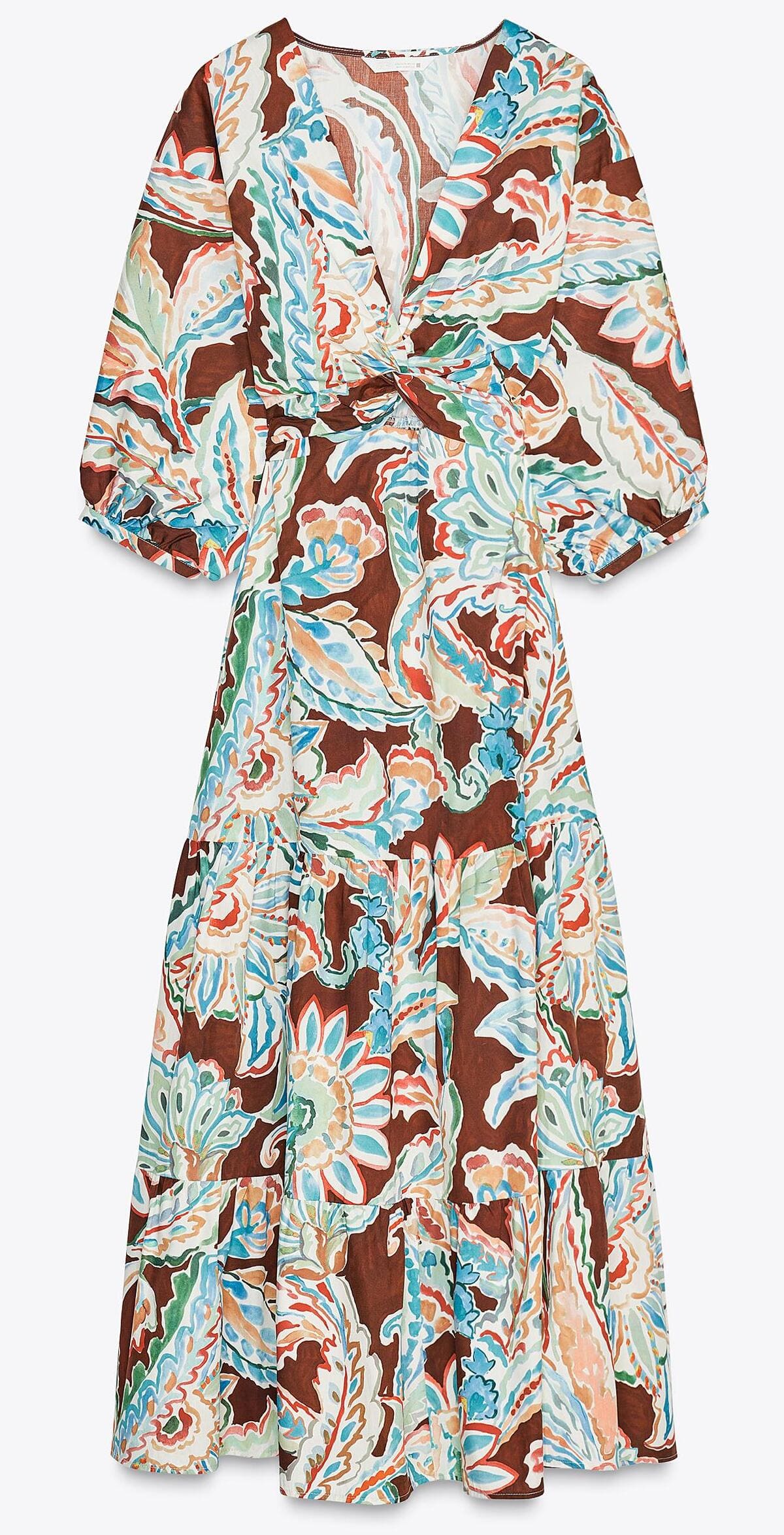 El vestido popelín con nudo y estampado en color marrón y crudo de Zara