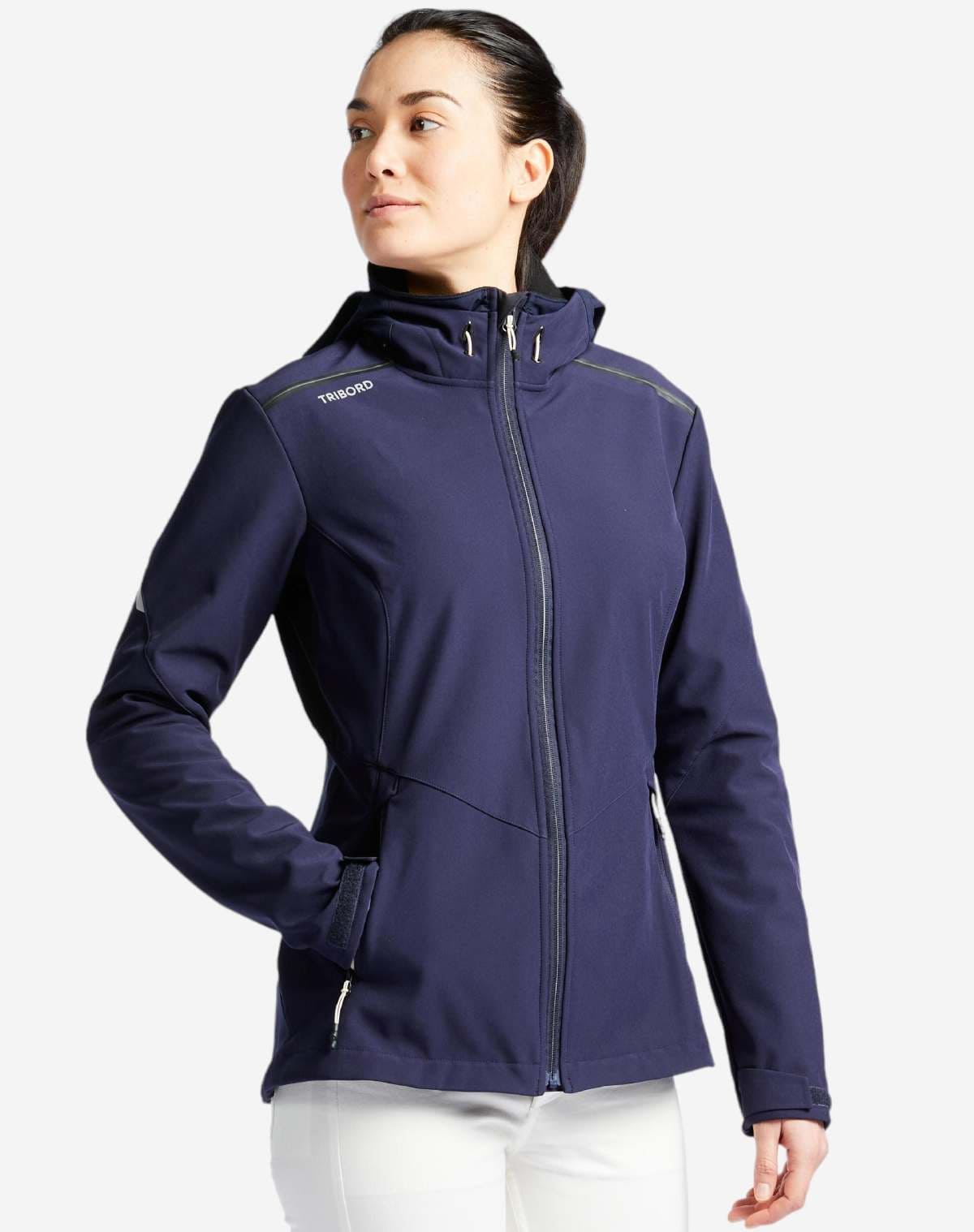 Chaqueta Softshell Mujer capucha cortavientos perlante azul de TRIBORD