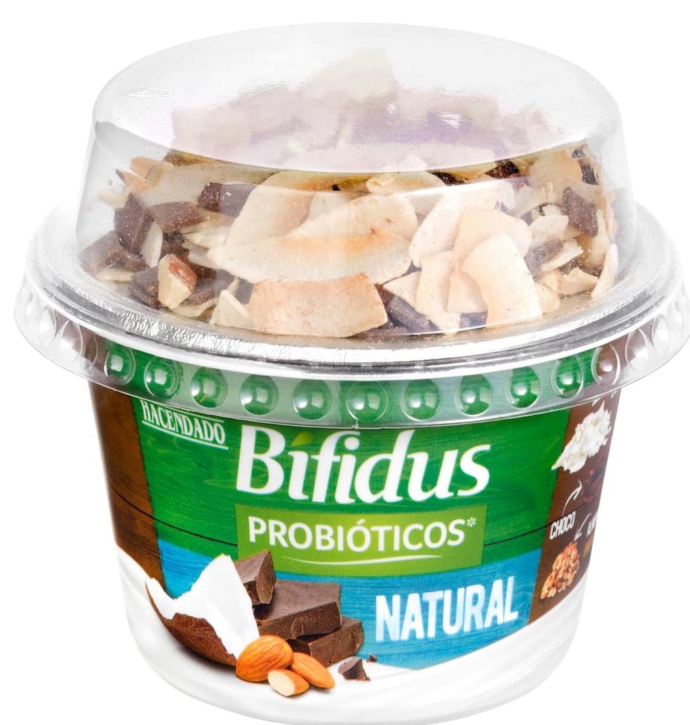 Bífidus natural probiótico Hacendado con coco, almendras y chocolate