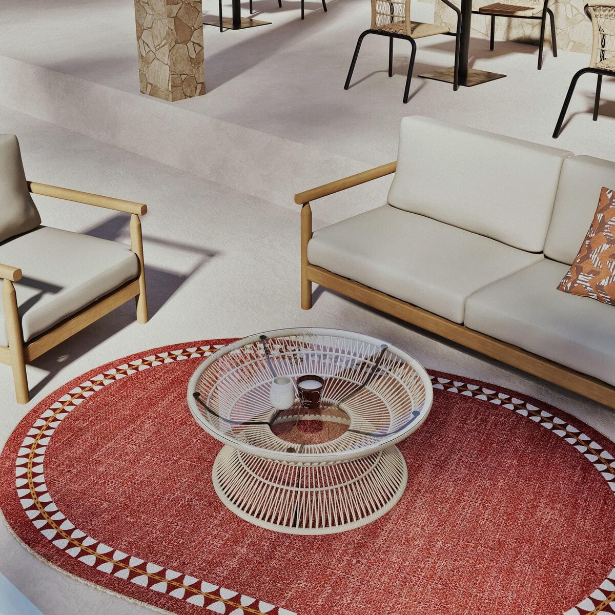 Mesa baja de jardín redonda de cuerda y tablero de cristal Figuera