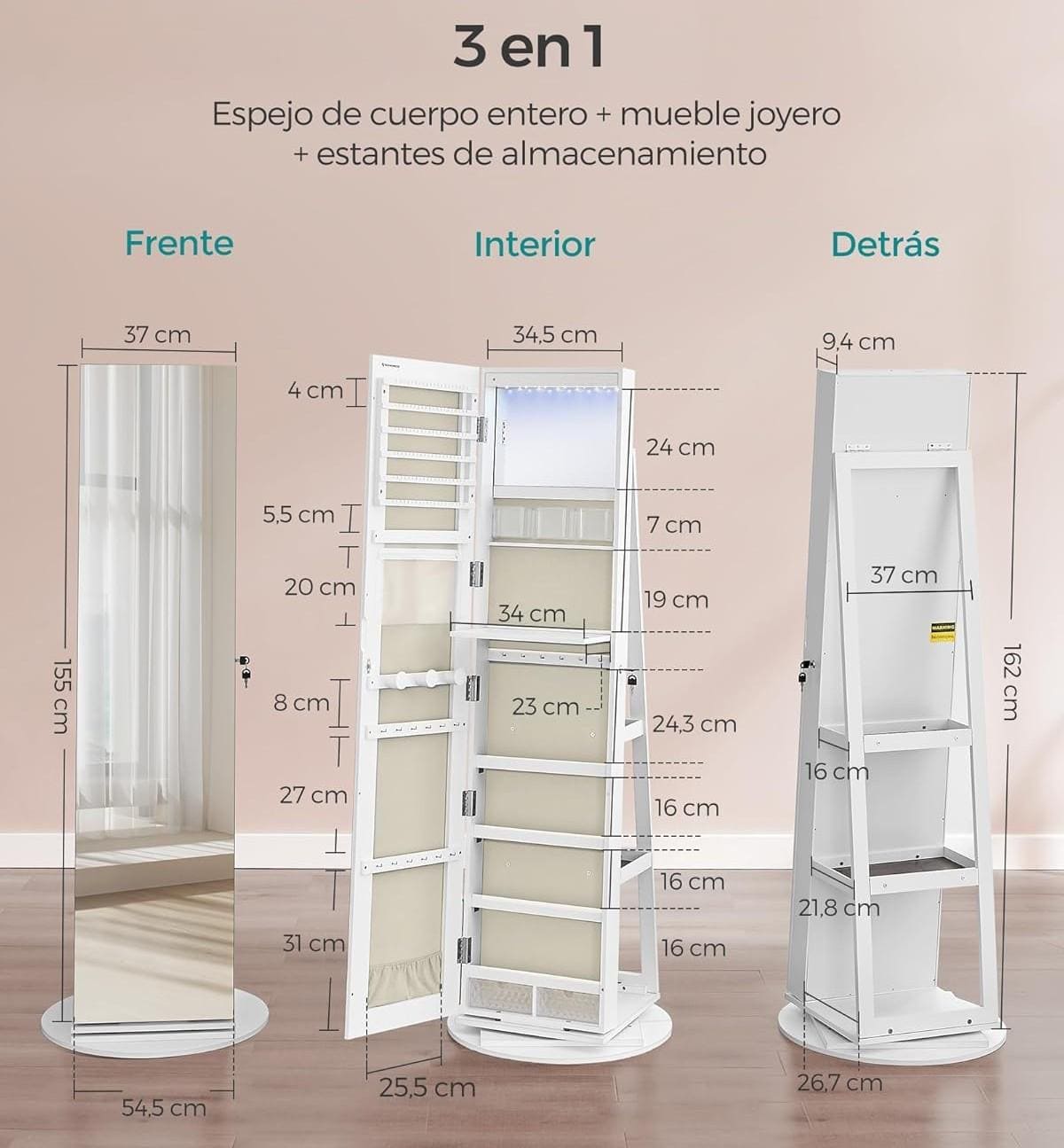 SONGMICS Espejo Joyero con 6 LEDs en Amazon