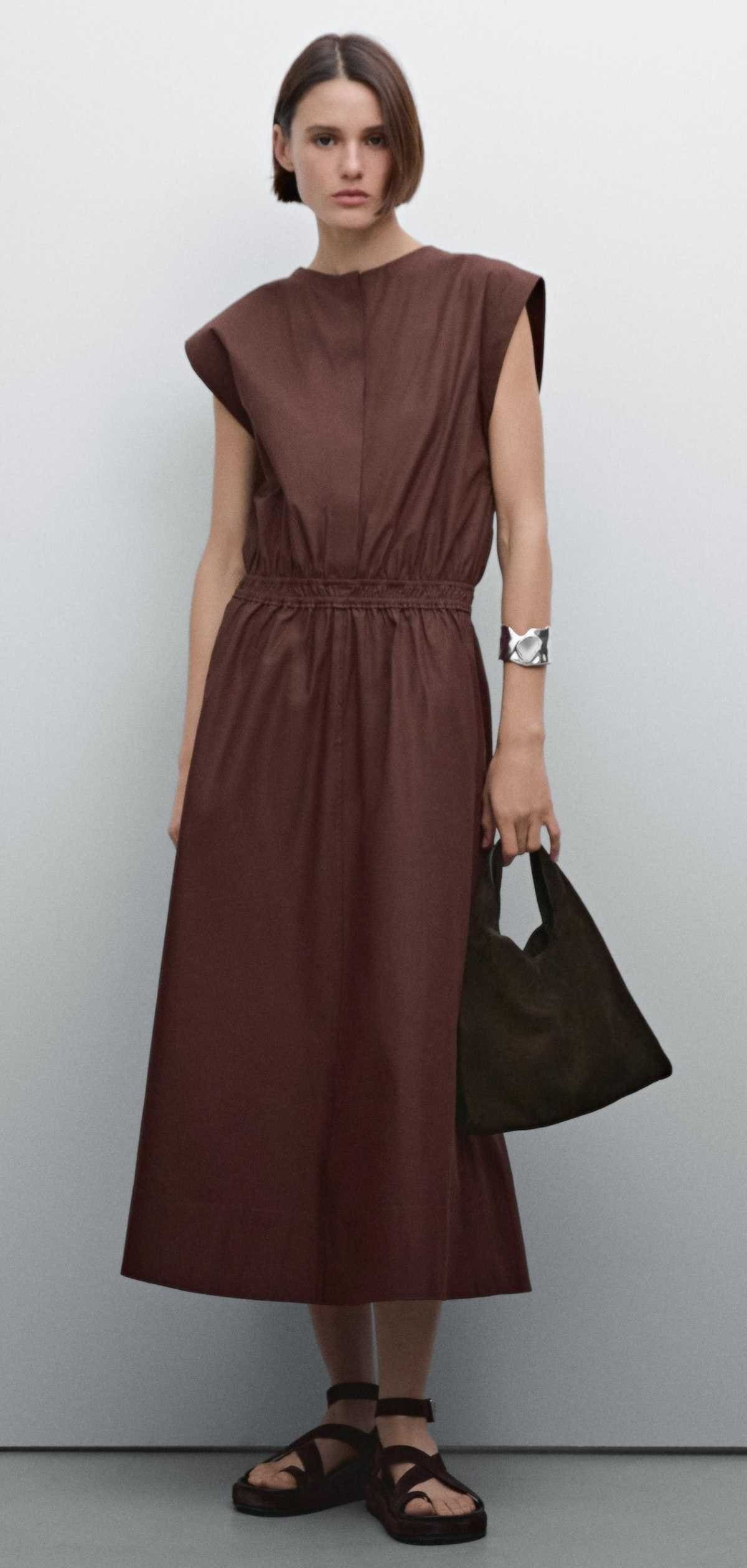 Vestido midi popelín cintura elástica de Massimo Dutti